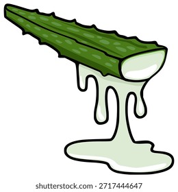 A stylized vector illustration of a vibrant green aloe vera leaf segment with its translucent, gel-like sap dripping downwards, presented against a clean white background, evoking a sense of natura...
