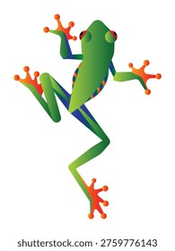 Stylized vector illustration of a vibrant red-eyed tree frog in a dynamic climbing pose, isolated on a white background.