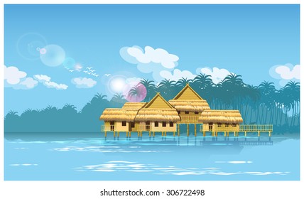 Stylized vector illustration of a village on a river in the jungle. seamless horizontally if needed.