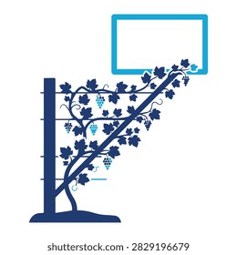 Stylized vector illustration of a vineyard trellis with grape vines and a rectangular blank sign frame