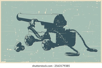 Stylized vector illustration of a vintage naval cannon retro poster