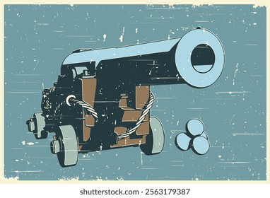 Stylized vector illustration of a vintage naval cannon retro poster