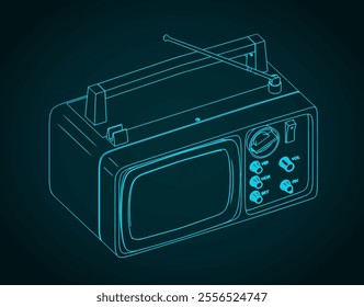 Stylized vector illustration of vintage portable television blueprint