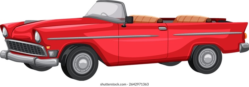 Stylized vector illustration of a vintage red convertible car with detailed design and vibrant colors