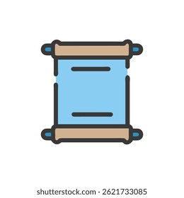 Ilustración vectorial estilizada de un rollo vintage, con una superficie de escritura azul claro y asas de madera enrolladas.