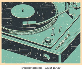 Ilustración vectorial estilizada de un reproductor de vinilo cerrado en estilo de afiche retro