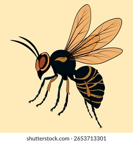 Ilustração vetorial estilizada de uma vespa com abdômen listrado amarelo-laranja abstrato, asas transparentes e detalhes nítidos, vista lateral sobre fundo claro. Ideal para temas de natureza e design.