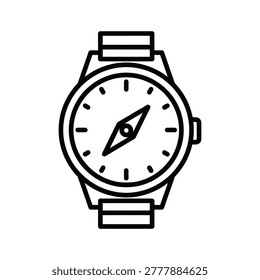 Stylized vector illustration of a watch face featuring a compass needle. Represents direction, travel, and strategic planning. Ideal for business presentations, travel blogs, or marketing campaigns.
