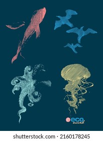 Stylized vector illustration of whale, birds, jellyfish and squid silhouettes.
