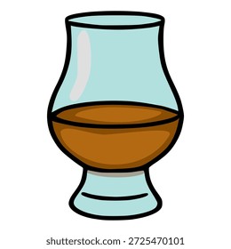Ilustración vectorial estilizada de un vaso degustación de whisky con líquido ámbar, aislado en blanco.