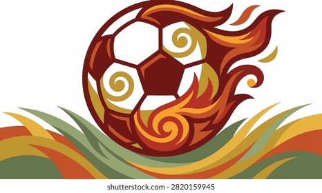 Stylized vector illustration of a white and black soccer ball engulfed in vibrant orange and red flames, flying over green and yellow abstract grass lines on a white background.