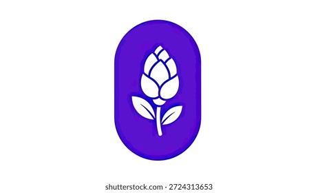 Ilustración vectorial estilizada de un cono de lúpulo blanco con hojas, encerrado en forma ovalada sobre un fondo púrpura sólido. Diseño de icono simple.