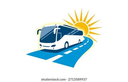 Stilisierte Vektorgrafik eines weißen Personenbusses, der unter einer hellgelben Sonne eine blau gekrümmte Straße entlang fährt und Reise- und Sommerurlaubsreisen symbolisiert.