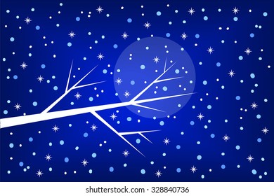 Stylized vector illustration of white winter tree branches with falling snow against night blue sky and moon as a background. Winter tree with falling snow. Illustration of winter weather atmosphere.