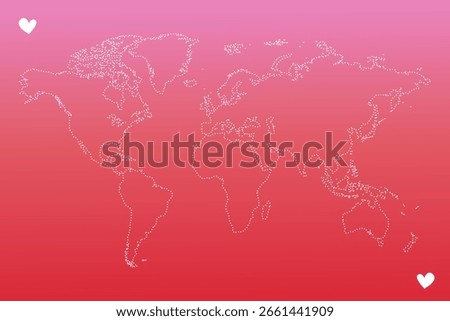 Stylized vector illustration of a white-outlined world map on a vibrant pink-to-red gradient background, accented with small white heart icons in opposite corners