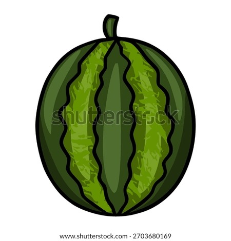 A stylized vector illustration of a whole watermelon with a textured green rind and a stem, presented in a clean, graphic style.
