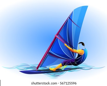 Stylized vector illustration of a windsurfer in action, balancing on a board with a bright sail over dynamic blue waves. Summer water sport concept with motion and energy.