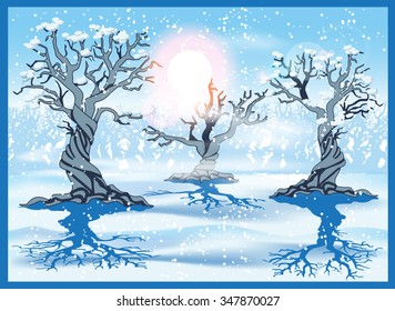 Stylized vector illustration of a winter forest. Seamless horizontally if needed