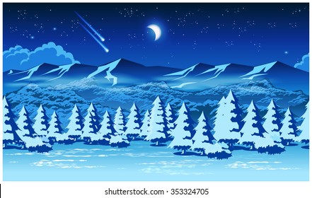 Stylized vector illustration of a winter forest at night. Seamless horizontally if needed