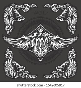 Stylized vector illustration of a wolf with engraved word "free". Design can be used as tattoos, t-shirt graphic print, emblem, etc.