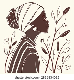 A stylized vector illustration of a woman in profile wearing a headwrap, surrounded by simple botanical floral elements.