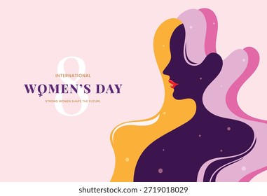 Una Ilustración vectorial estilizada del perfil de una mujer en silueta con un cabello vibrante y fluido y el texto del Día Internacional de la Mujer sobre un fondo rosa.