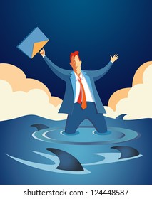 Stylized vector illustration of worried businessman holding his briefcase in the air, knee-deep in rising water and surrounded by hungry sharks.