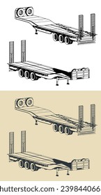 Stylized vector illustrations of 3 axle lowbed trailer