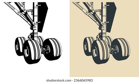 Stylized vector illustrations of aircraft main landing gear close-up