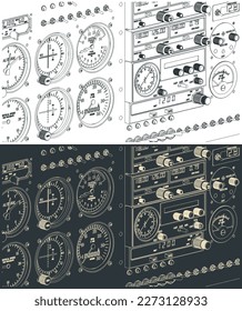 Stylized vector illustrations of an airplane control panel close up