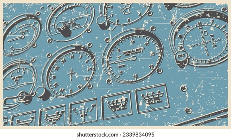 Stylized vector illustrations of airplane control panel close-up in retro poster style