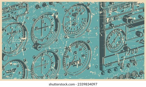 Stylized vector illustrations of airplane control panel close up in retro poster style