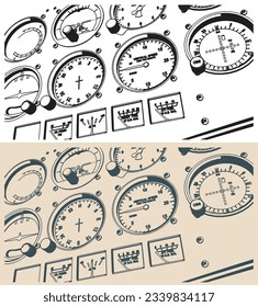 Stylized vector illustrations of airplane control panel close up