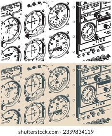 Stylized vector illustrations of airplane control panel close up