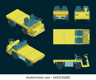 Stylized vector illustrations of Airport Baggage Towing Tractor drawings