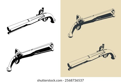Stylized vector illustrations of an antique pistol