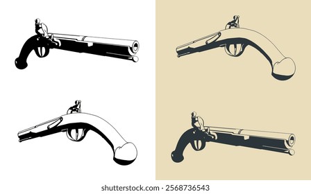 Stylized vector illustrations of an antique pistol