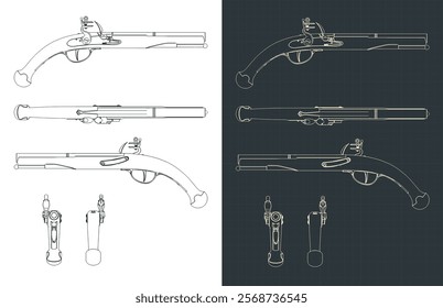 Stylized vector illustrations of an antique pistol blueprints