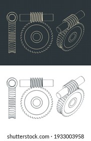 Stylized vector illustrations of Archimedes worm and involute gear blueprints