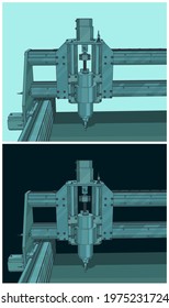 Stylized vector illustrations of automated CNC machine for 3D carving