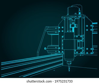 Stylized vector illustrations of automated CNC machine for 3D carving close-up drawings