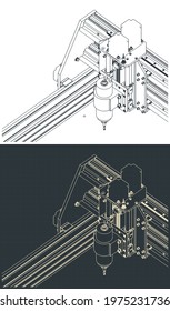 Stylized vector illustrations of automated CNC machine for 3D carving isometric drawings