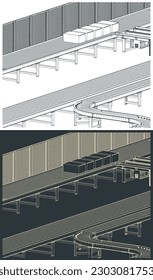 Stylized vector illustrations of automated conveyor lines for factory and warehouses
