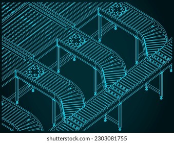 Stylized vector illustrations of automated conveyor lines for factories and warehouses