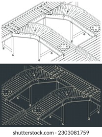 Ilustraciones vectoriales estilizadas de líneas transportadoras automatizadas para fábricas y almacenes