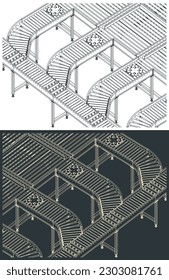 Stylierte Vektorgrafiken von automatischen Förderlinien für Fabriken und Lagerhäuser