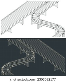 Stylized vector illustrations of automated conveyor lines for factory and warehouses