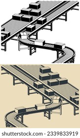 Stylized vector illustrations of automated conveyors for warehouses and production