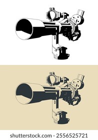 Stylized vector illustrations of automatic turret with six-barrel rotary machine gun