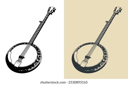 Ilustraciones vectoriales estilizadas de un banjo